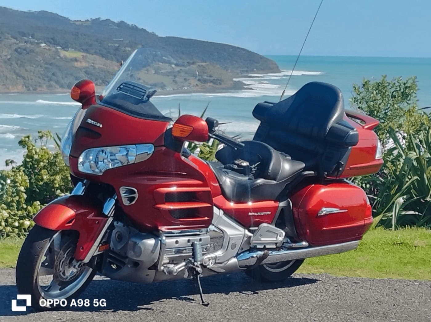 Honda Goldwing GL1800 touring motorcycle overlooking the Waikato